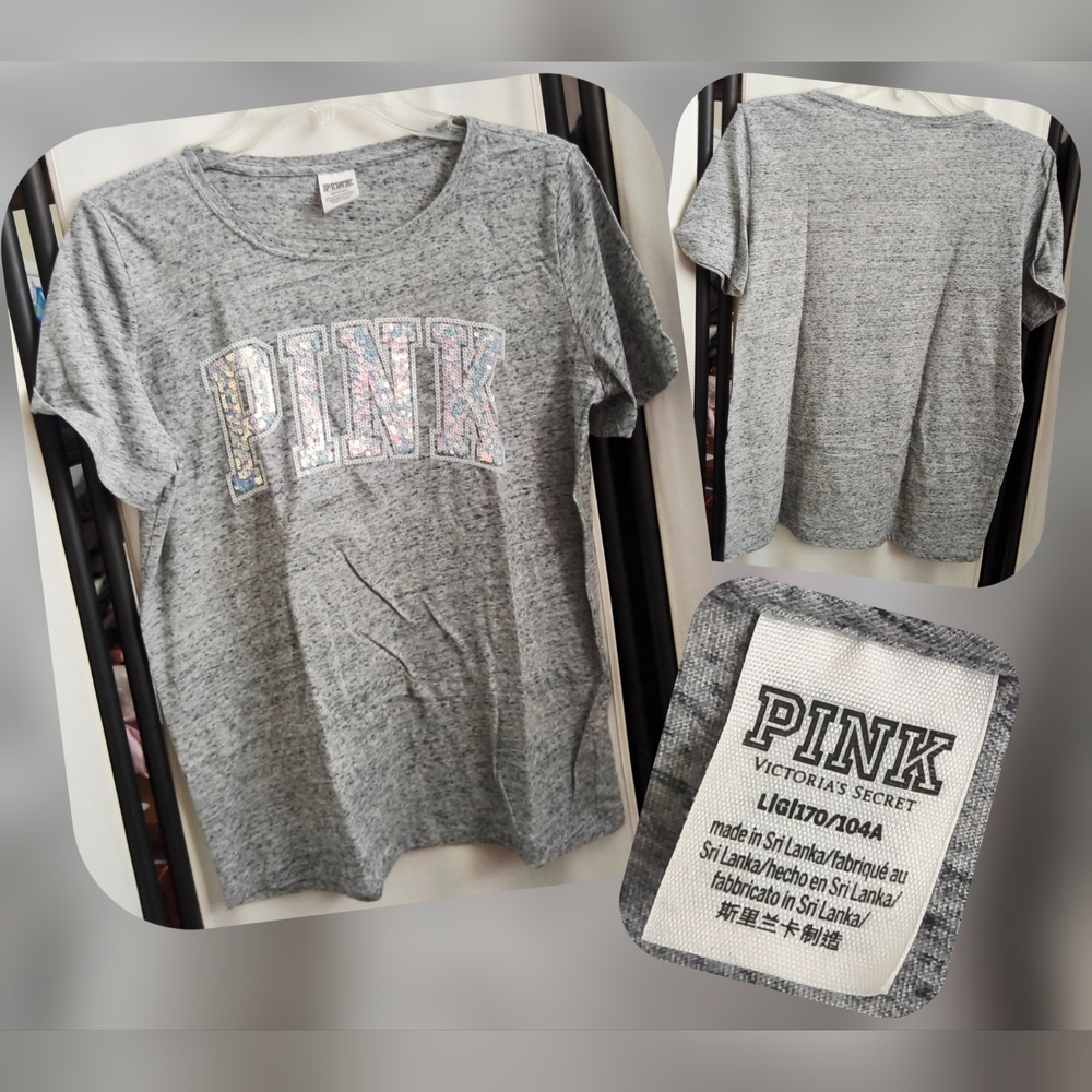 PINK By Victoria's Secret Heather Gray Tee With Bling Size Lg